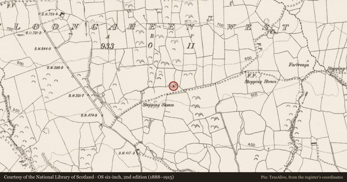 Ordnance Survey six-inch map, 2nd edition (1888–1915) covering the location of Enclosure, Cloongaheen West, County Clare, with a pin at the register's coordinates