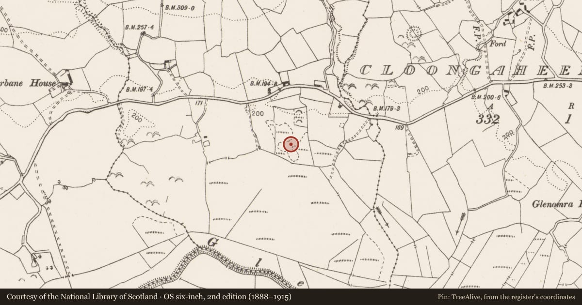 Ordnance Survey six-inch map, 2nd edition (1888–1915) covering the location of Enclosure, Cloongaheen West, County Clare, with a pin at the register's coordinates