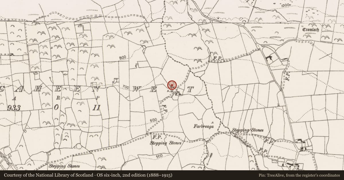 Ordnance Survey six-inch map, 2nd edition (1888–1915) covering the location of Enclosure, Cloongaheen West, County Clare, with a pin at the register's coordinates