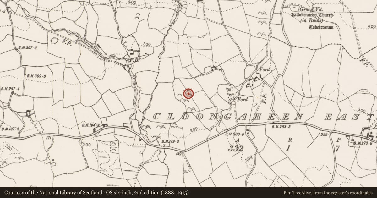 Ordnance Survey six-inch map, 2nd edition (1888–1915) covering the location of Enclosure, Cloongaheen East, County Clare, with a pin at the register's coordinates