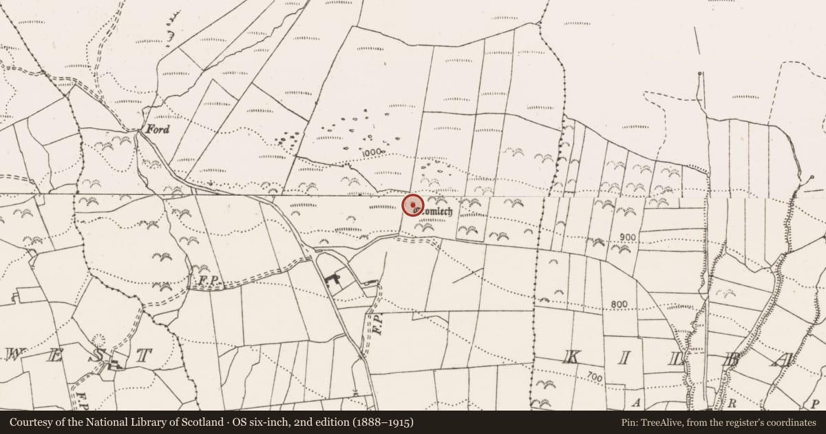 Ordnance Survey six-inch map, 2nd edition (1888–1915) covering the location of Megalithic tomb - wedge tomb, Killokennedy, County Clare, with a pin at the register's coordinates