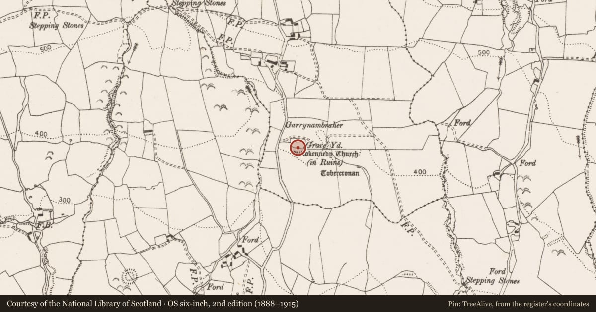 Ordnance Survey six-inch map, 2nd edition (1888–1915) covering the location of Graveyard, Killokennedy, County Clare, with a pin at the register's coordinates