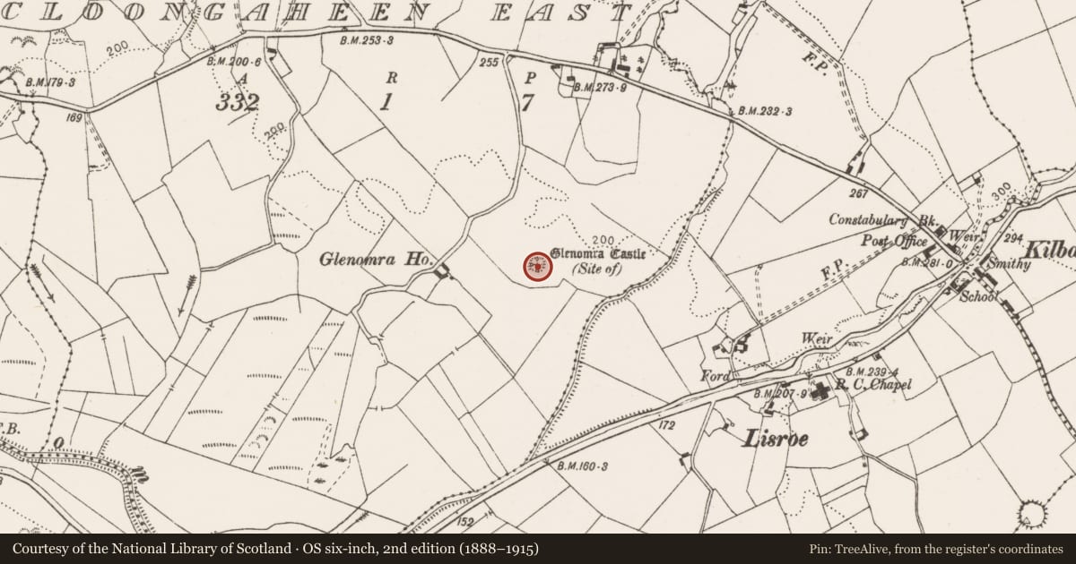 Ordnance Survey six-inch map, 2nd edition (1888–1915) covering the location of Earthwork, Cloongaheen East, County Clare, with a pin at the register's coordinates