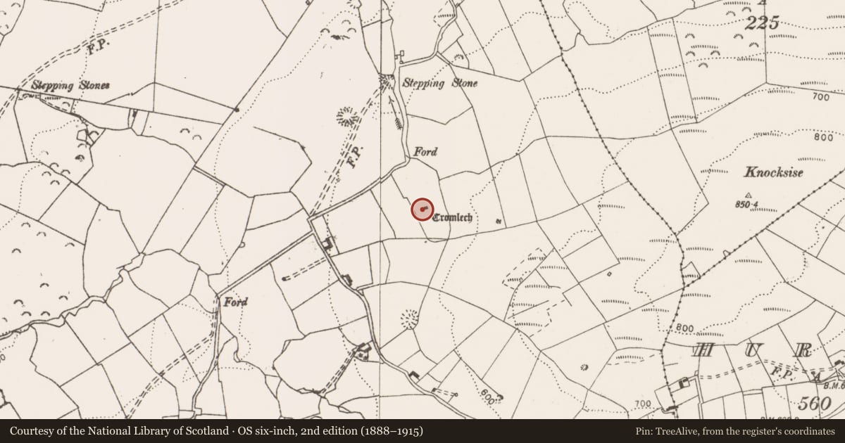 Ordnance Survey six-inch map, 2nd edition (1888–1915) covering the location of Megalithic tomb - wedge tomb, Ballykelly, County Clare, with a pin at the register's coordinates