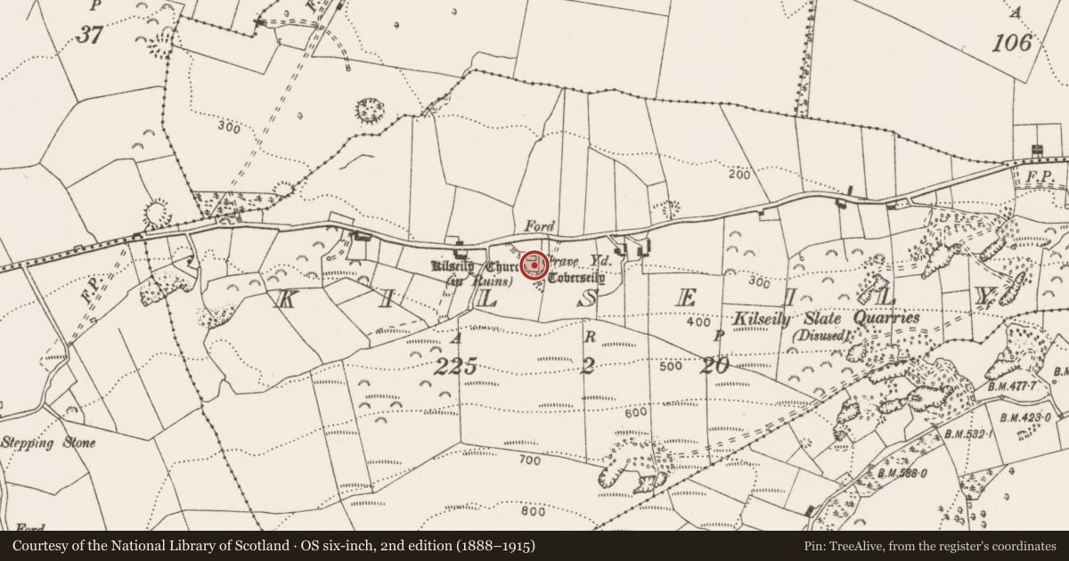 Ordnance Survey six-inch map, 2nd edition (1888–1915) covering the location of Graveyard, Kilseily, County Clare, with a pin at the register's coordinates