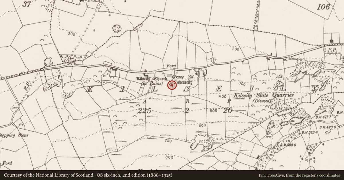 Ordnance Survey six-inch map, 2nd edition (1888–1915) covering the location of Ritual site - holy well, Kilseily, County Clare, with a pin at the register's coordinates