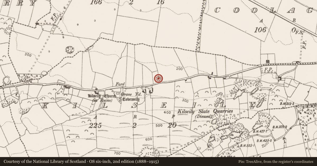 Ordnance Survey six-inch map, 2nd edition (1888–1915) covering the location of Enclosure, Kilseily, County Clare, with a pin at the register's coordinates