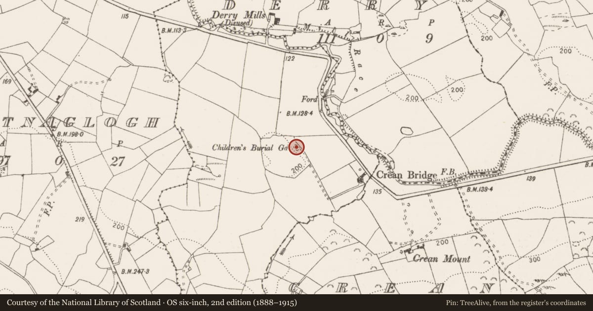 Ordnance Survey six-inch map, 2nd edition (1888–1915) covering the location of Children's burial ground, Kyle, County Clare, with a pin at the register's coordinates