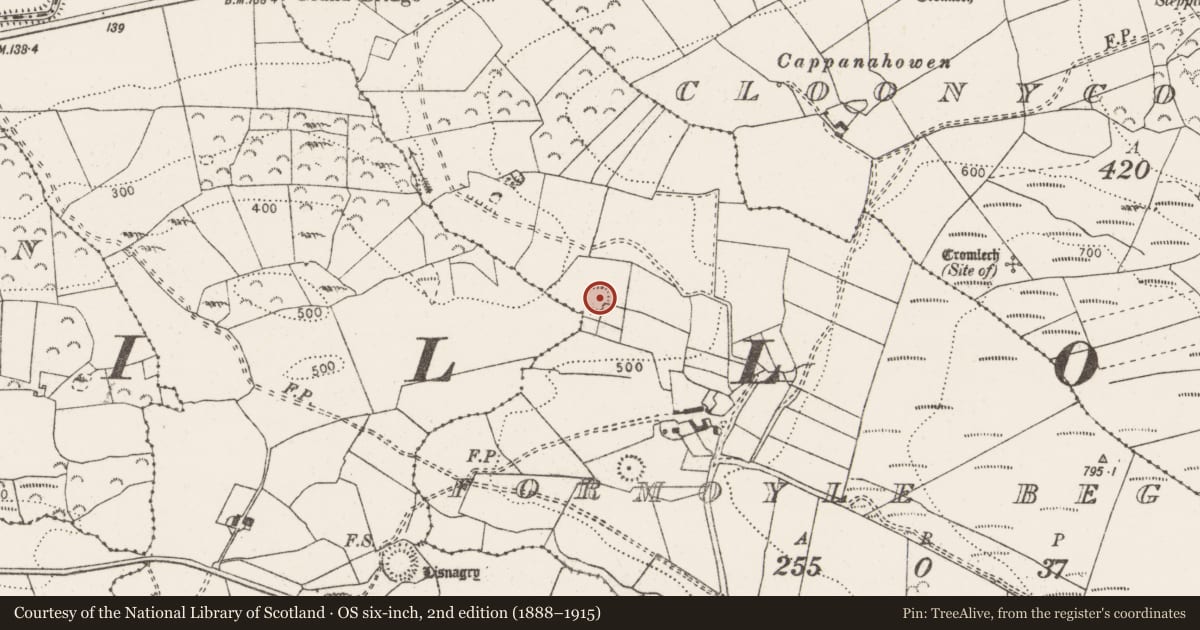 Ordnance Survey six-inch map, 2nd edition (1888–1915) covering the location of Enclosure, Formoyle Beg, County Clare, with a pin at the register's coordinates