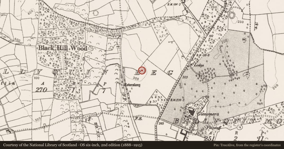 Ordnance Survey six-inch map, 2nd edition (1888–1915) covering the location of Enclosure, Ballyquin Beg, County Clare, with a pin at the register's coordinates