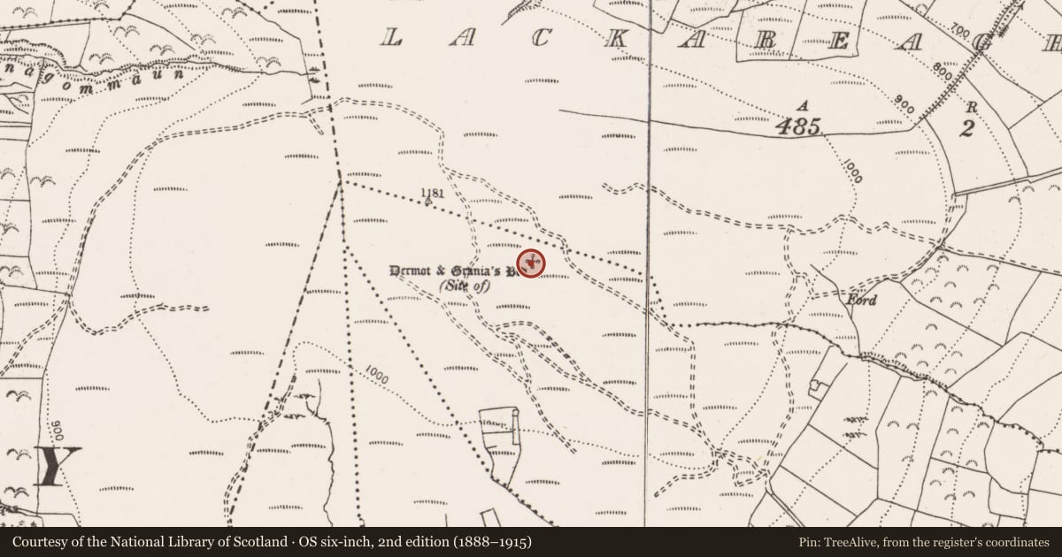 Ordnance Survey six-inch map, 2nd edition (1888–1915) covering the location of Cist, Lackareagh More, County Clare, with a pin at the register's coordinates