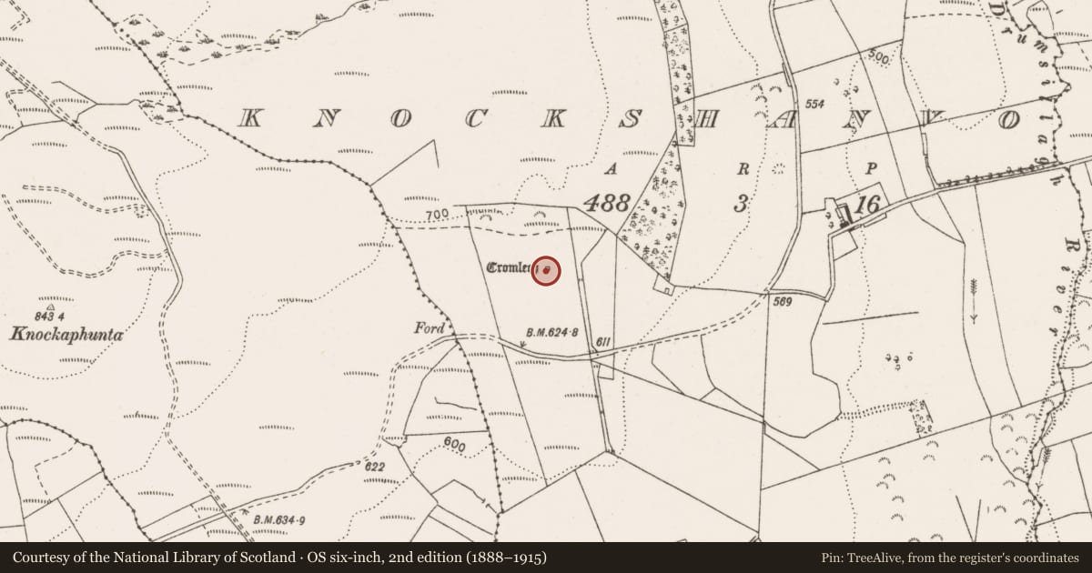 Ordnance Survey six-inch map, 2nd edition (1888–1915) covering the location of Megalithic tomb - wedge tomb, Knockshanvo, County Clare, with a pin at the register's coordinates
