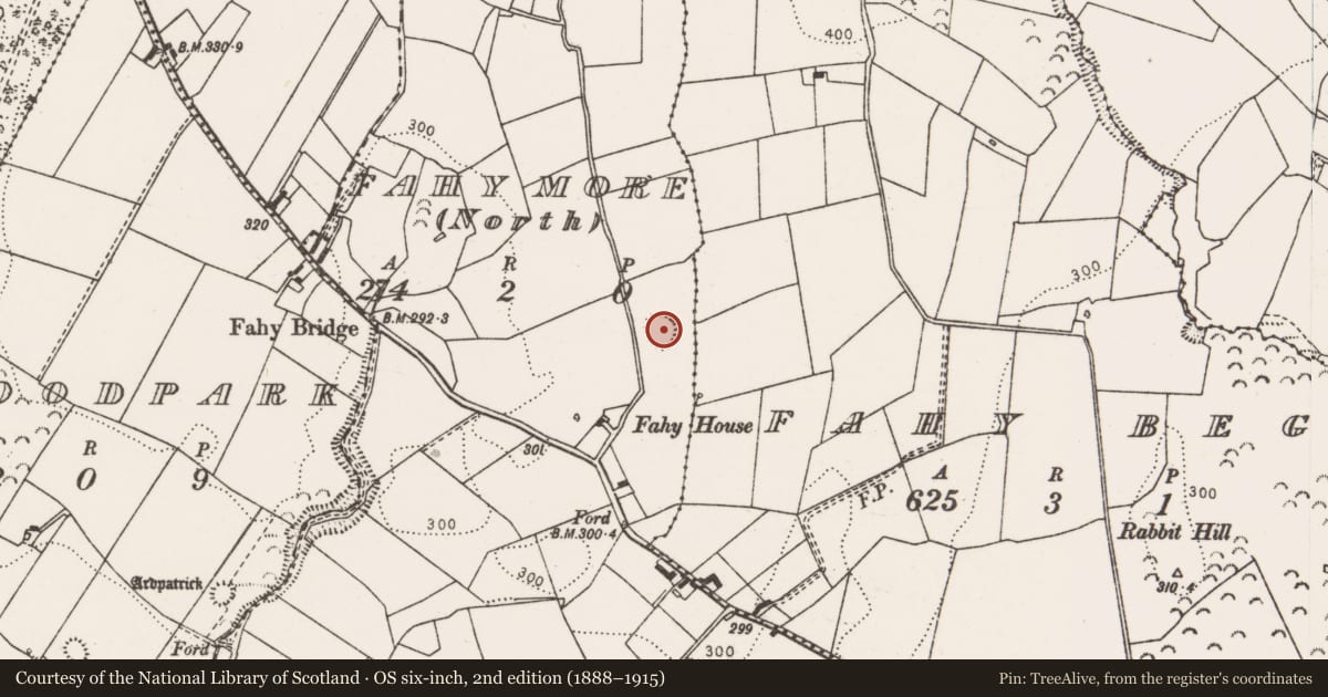 Ordnance Survey six-inch map, 2nd edition (1888–1915) covering the location of Enclosure, Fahy More North, County Clare, with a pin at the register's coordinates