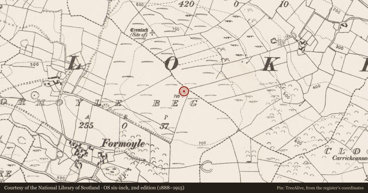 Ordnance Survey six-inch map, 2nd edition (1888–1915) covering the location of Hillfort, Cloonyconry More, Formoyle Beg, County Clare, with a pin at the register's coordinates