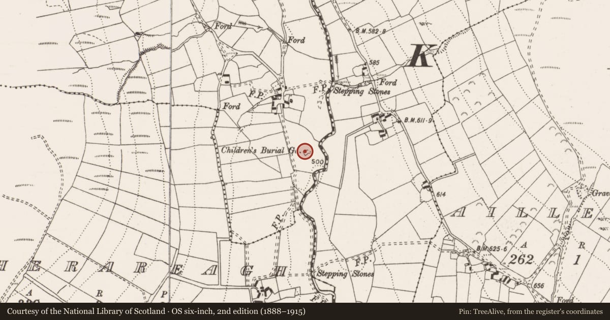 Ordnance Survey six-inch map, 2nd edition (1888–1915) covering the location of Burial ground, Coumbrack, County Clare, with a pin at the register's coordinates