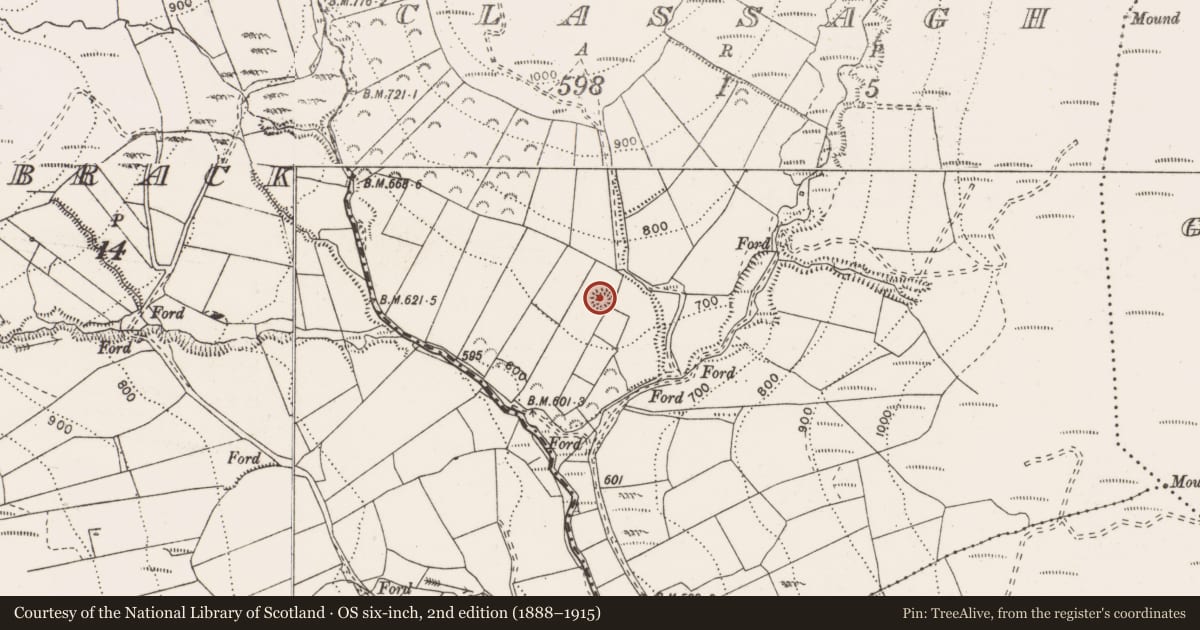 Ordnance Survey six-inch map, 2nd edition (1888–1915) covering the location of Enclosure, Classagh, County Clare, with a pin at the register's coordinates