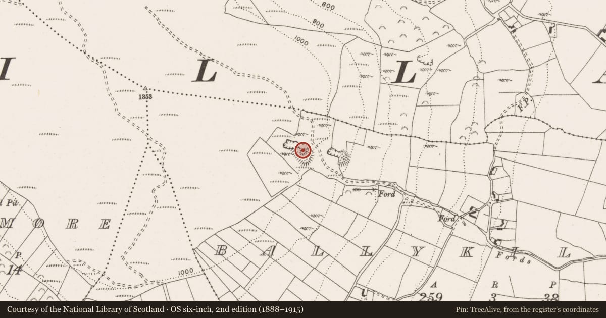 Ordnance Survey six-inch map, 2nd edition (1888–1915) covering the location of Enclosure, Ballykildea, County Clare, with a pin at the register's coordinates