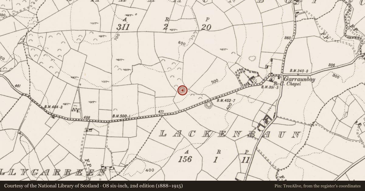 Ordnance Survey six-inch map, 2nd edition (1888–1915) covering the location of Enclosure, Garraunboy, County Clare, with a pin at the register's coordinates