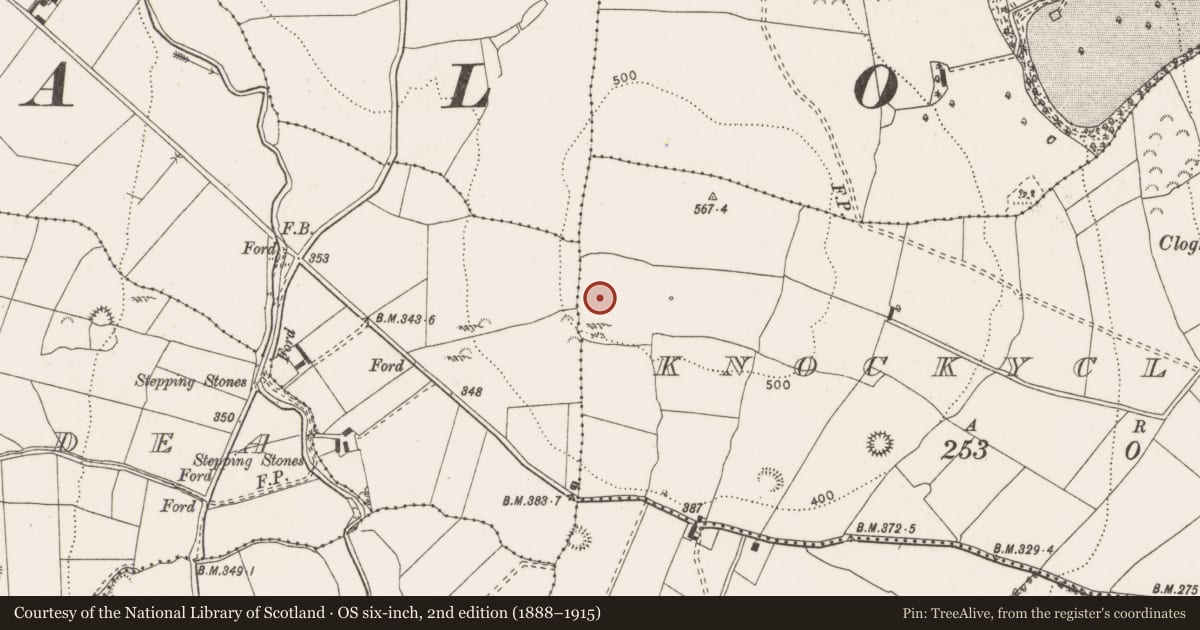 Ordnance Survey six-inch map, 2nd edition (1888–1915) covering the location of Mound, Knockyclovaun, County Clare, with a pin at the register's coordinates