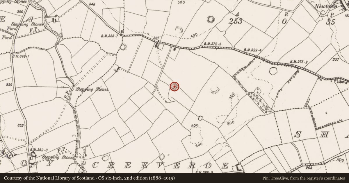 Ordnance Survey six-inch map, 2nd edition (1888–1915) covering the location of Enclosure, Creeveroe, County Clare, with a pin at the register's coordinates