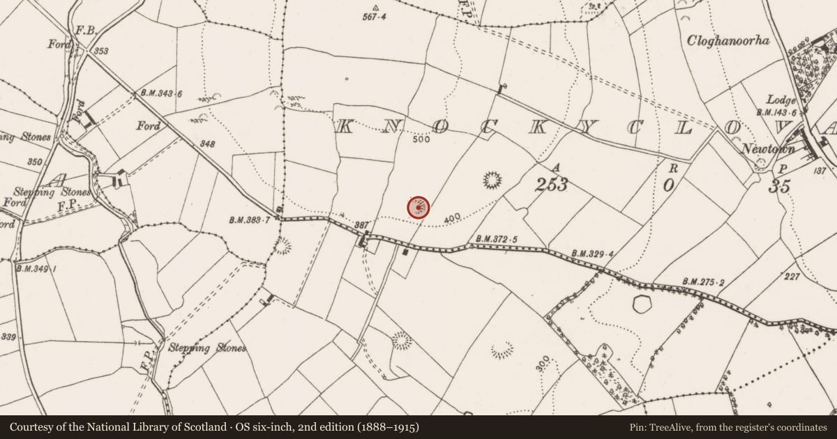 Ordnance Survey six-inch map, 2nd edition (1888–1915) covering the location of Enclosure, Knockyclovaun, County Clare, with a pin at the register's coordinates
