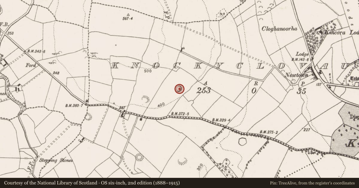 Ordnance Survey six-inch map, 2nd edition (1888–1915) covering the location of Enclosure, Knockyclovaun, County Clare, with a pin at the register's coordinates