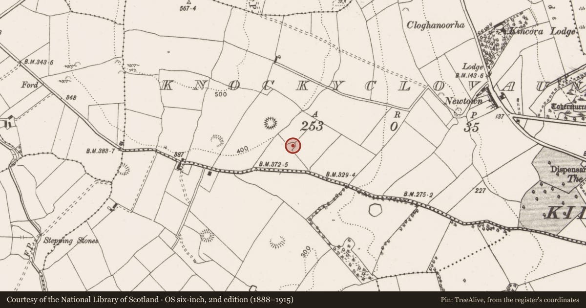 Ordnance Survey six-inch map, 2nd edition (1888–1915) covering the location of Enclosure, Knockyclovaun, County Clare, with a pin at the register's coordinates