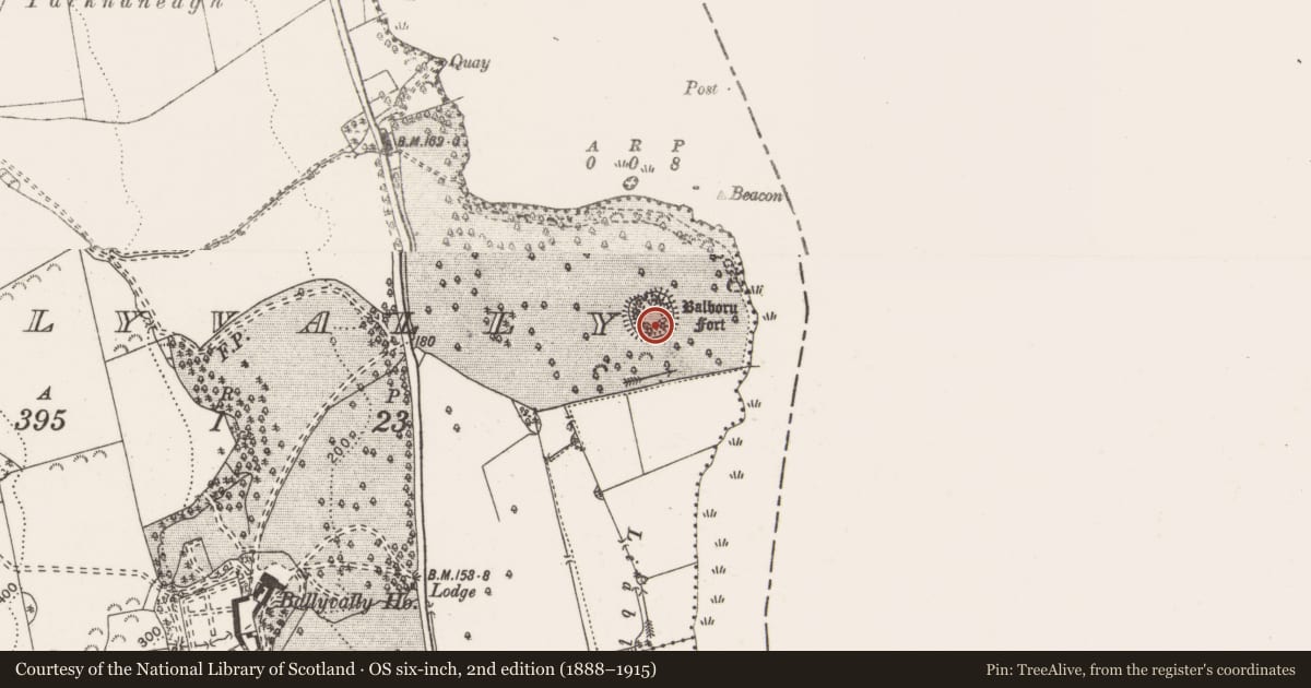 Ordnance Survey six-inch map, 2nd edition (1888–1915) covering the location of House - indeterminate date, Ballyvally, County Clare, with a pin at the register's coordinates