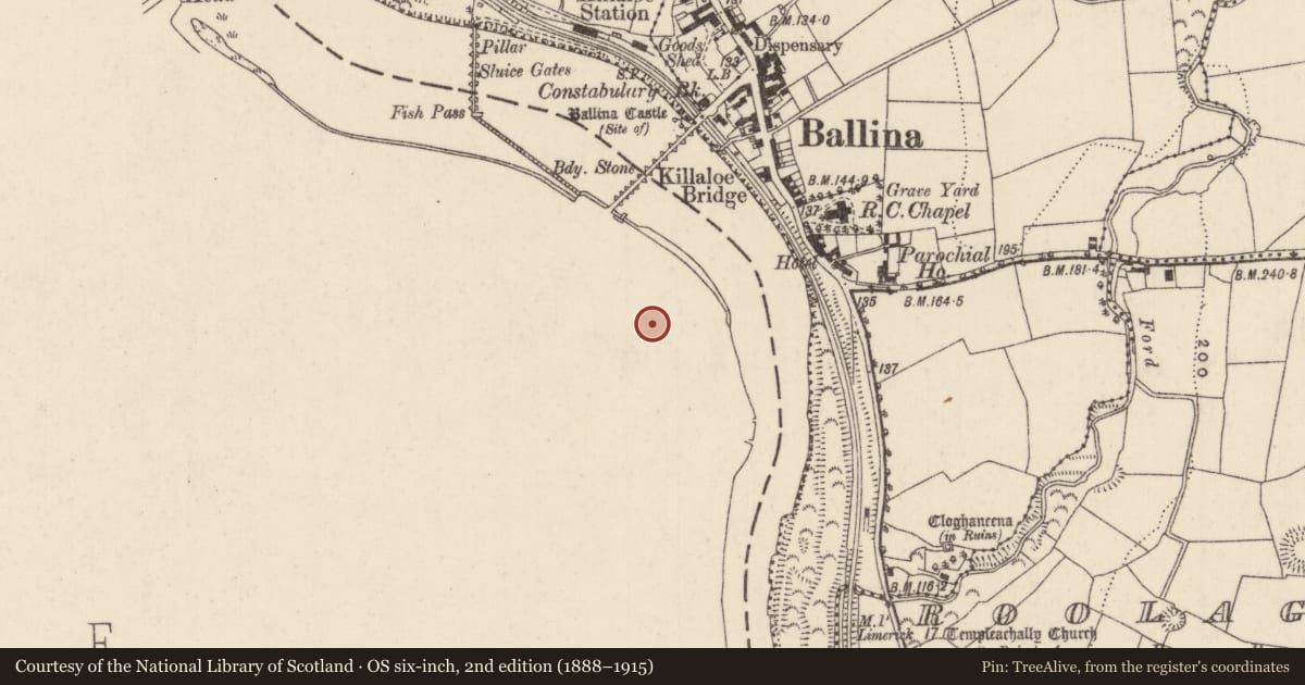 Ordnance Survey six-inch map, 2nd edition (1888–1915) covering the location of Cross-slab, Shantraud, County Clare, with a pin at the register's coordinates
