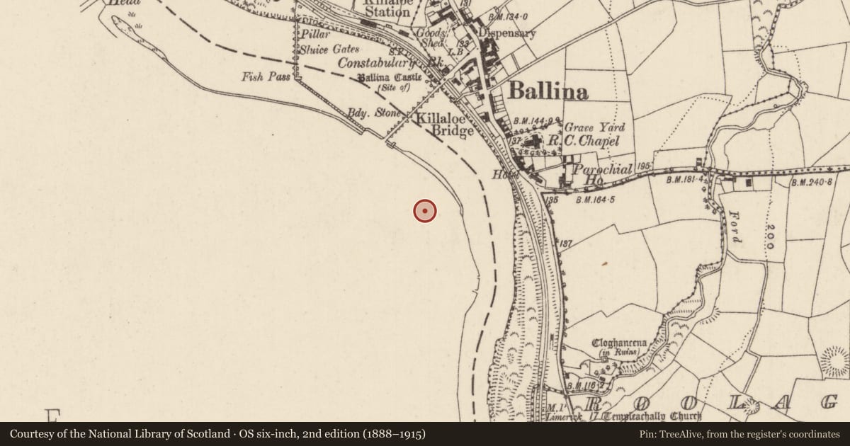 Ordnance Survey six-inch map, 2nd edition (1888–1915) covering the location of Memorial stone, Shantraud, County Clare, with a pin at the register's coordinates