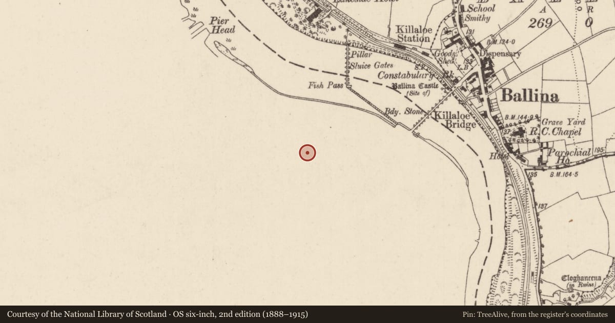 Ordnance Survey six-inch map, 2nd edition (1888–1915) covering the location of Church (present location), Shantraud, County Clare, with a pin at the register's coordinates