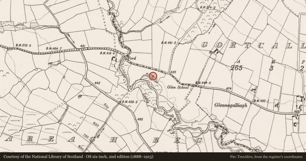 Ordnance Survey six-inch map, 2nd edition (1888–1915) covering the location of Megalithic structure, Lackareagh Beg, County Clare, with a pin at the register's coordinates