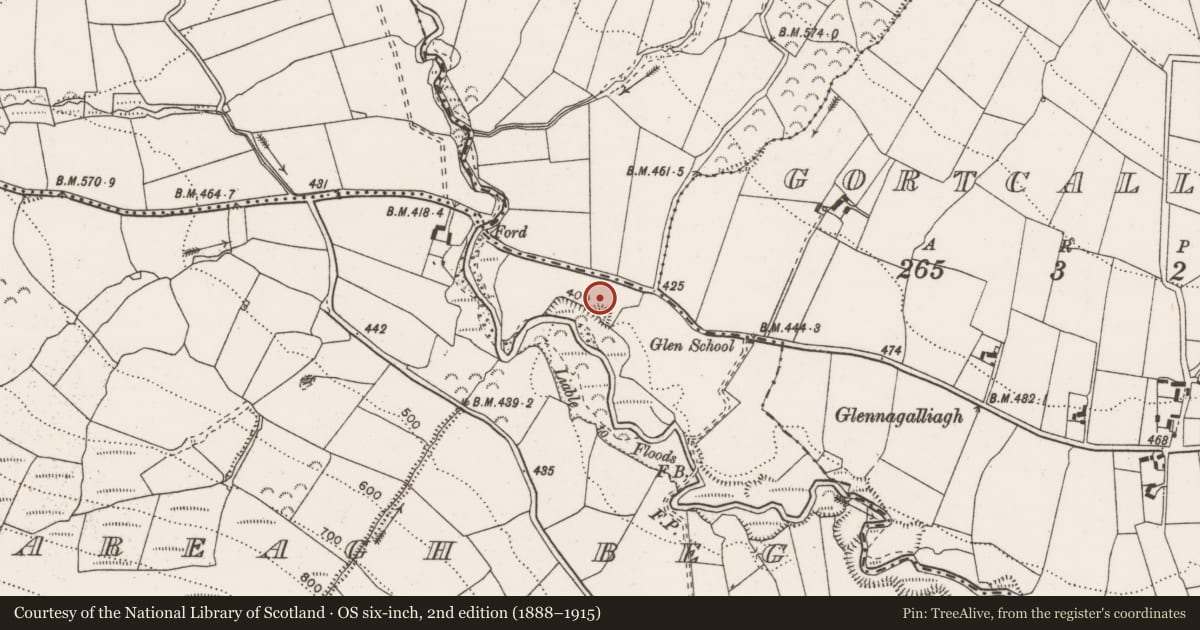 Ordnance Survey six-inch map, 2nd edition (1888–1915) covering the location of Standing stone, Lackareagh Beg, County Clare, with a pin at the register's coordinates