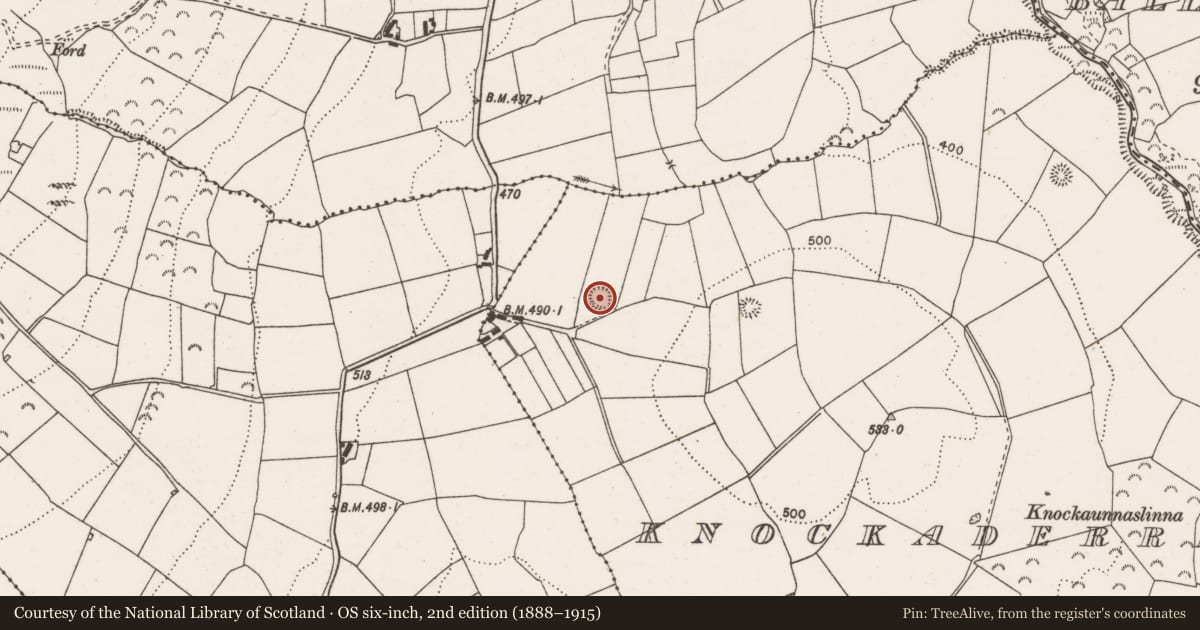 Ordnance Survey six-inch map, 2nd edition (1888–1915) covering the location of Enclosure, Knockaderreen, County Clare, with a pin at the register's coordinates