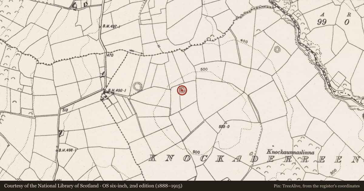 Ordnance Survey six-inch map, 2nd edition (1888–1915) covering the location of Enclosure, Knockaderreen, County Clare, with a pin at the register's coordinates