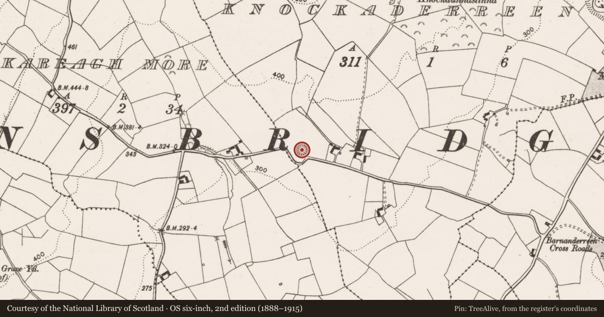 Ordnance Survey six-inch map, 2nd edition (1888–1915) covering the location of Enclosure, Knockaderreen, County Clare, with a pin at the register's coordinates