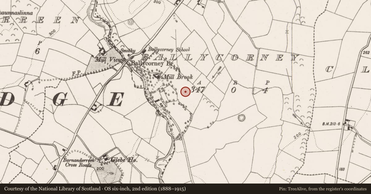 Ordnance Survey six-inch map, 2nd edition (1888–1915) covering the location of Enclosure, Ballycorney, County Clare, with a pin at the register's coordinates