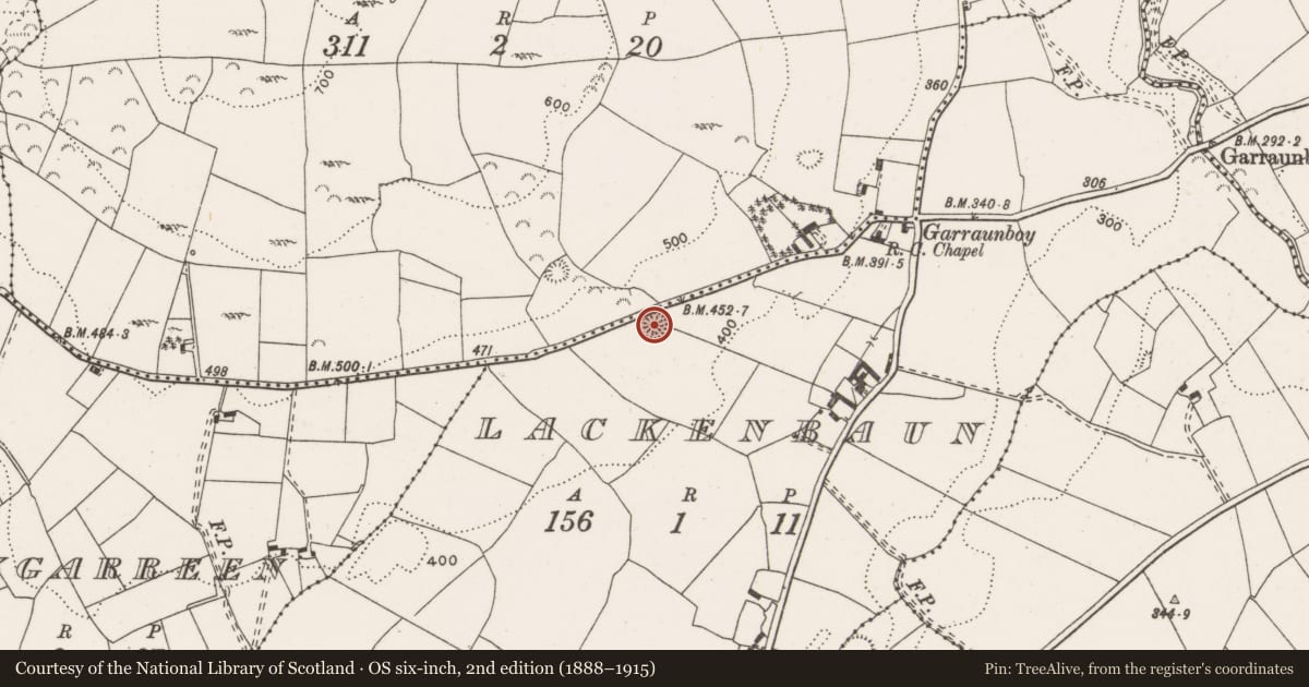 Ordnance Survey six-inch map, 2nd edition (1888–1915) covering the location of Enclosure, Lackenbaun, County Clare, with a pin at the register's coordinates