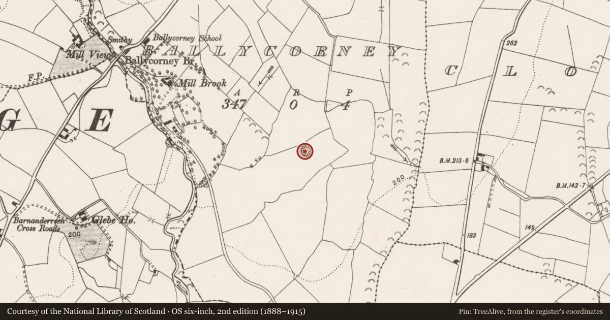 Ordnance Survey six-inch map, 2nd edition (1888–1915) covering the location of Enclosure, Ballycorney, County Clare, with a pin at the register's coordinates