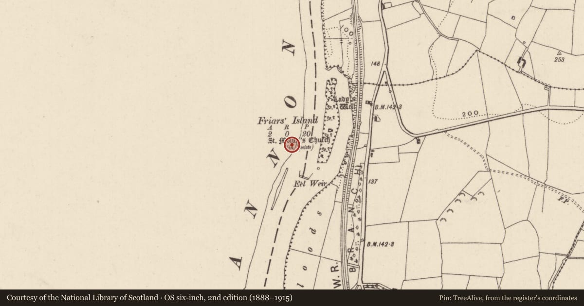 Ordnance Survey six-inch map, 2nd edition (1888–1915) covering the location of Cross, Moys, County Clare, with a pin at the register's coordinates