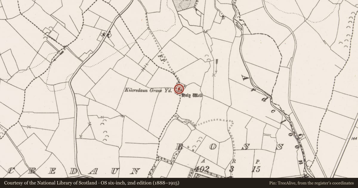 Ordnance Survey six-inch map, 2nd edition (1888–1915) covering the location of Children's burial ground, Ross, County Clare, with a pin at the register's coordinates