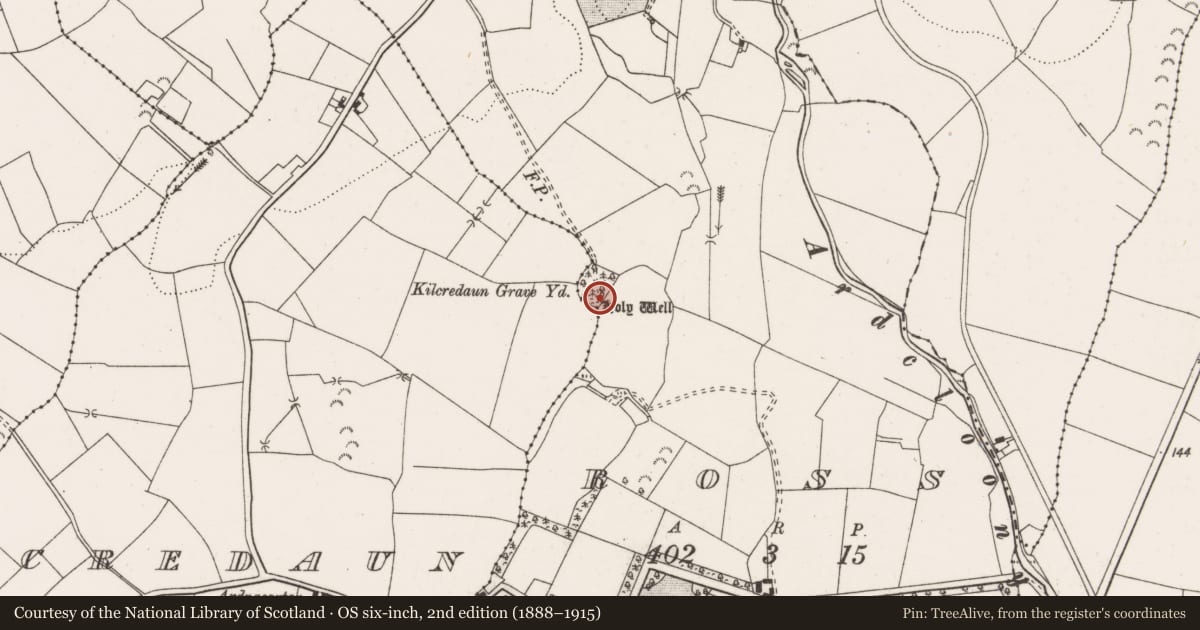 Ordnance Survey six-inch map, 2nd edition (1888–1915) covering the location of Ritual site - holy well, Ross, County Clare, with a pin at the register's coordinates