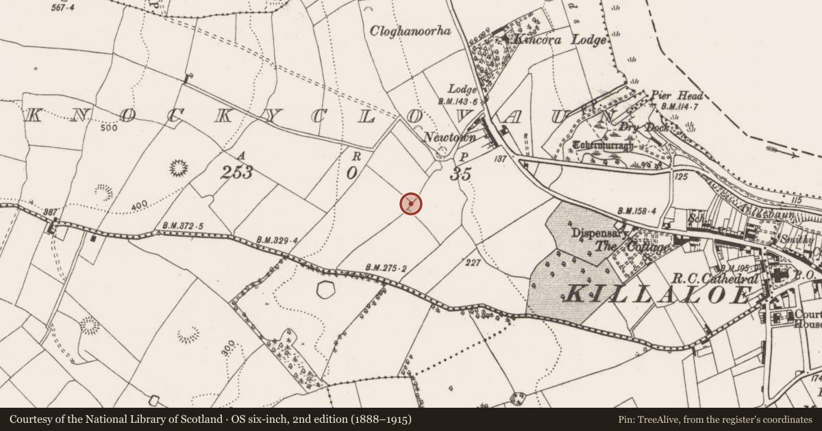 Ordnance Survey six-inch map, 2nd edition (1888–1915) covering the location of Enclosure, Knockyclovaun, County Clare, with a pin at the register's coordinates