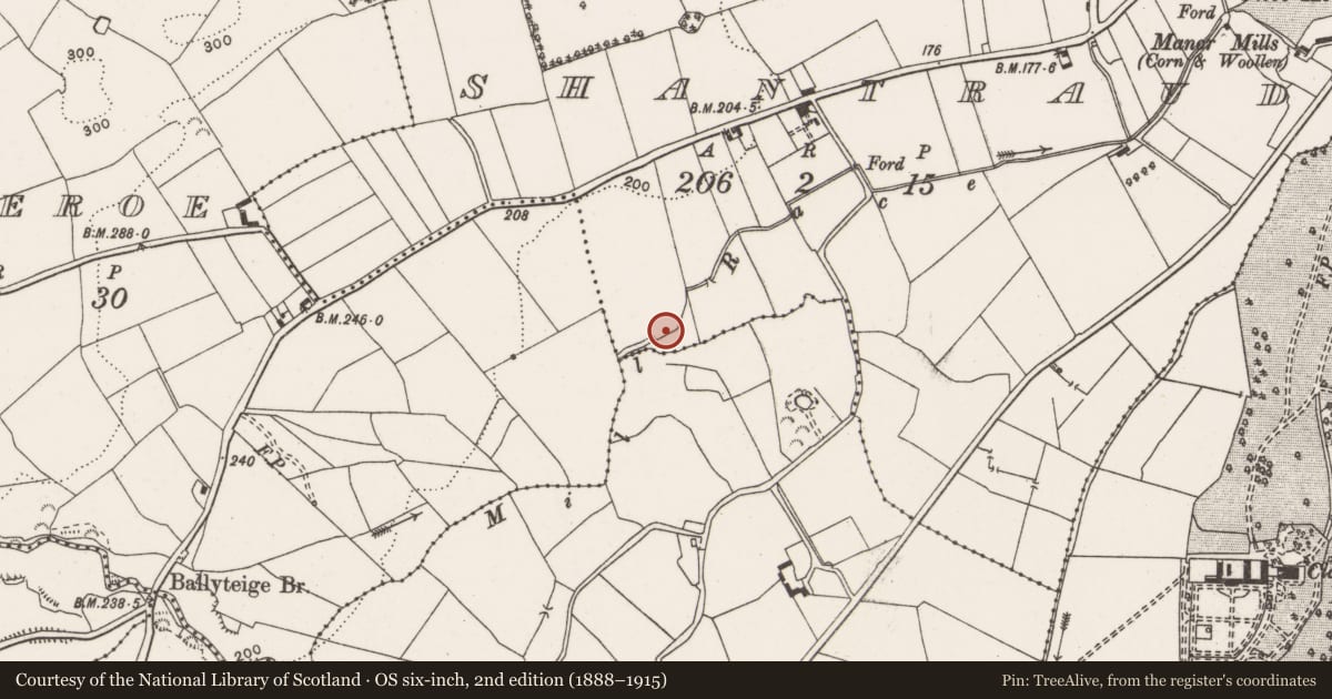 Ordnance Survey six-inch map, 2nd edition (1888–1915) covering the location of Standing stone, Creeveroe, County Clare, with a pin at the register's coordinates