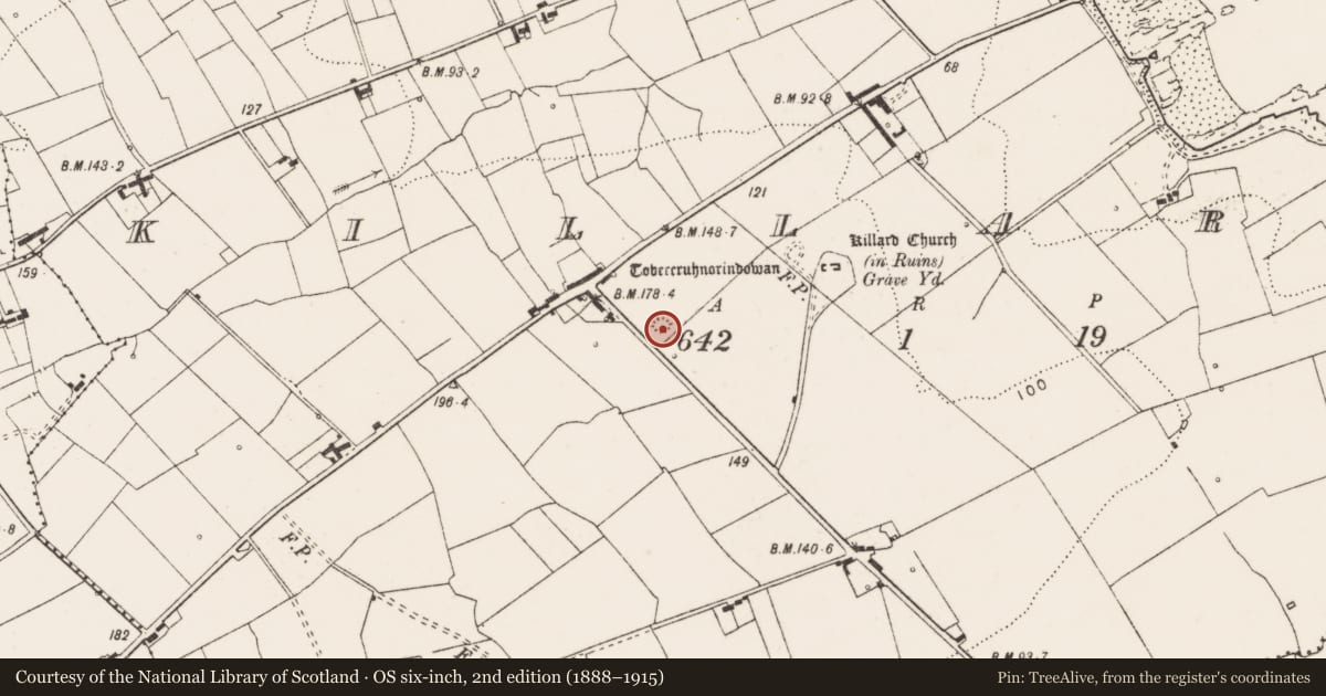Ordnance Survey six-inch map, 2nd edition (1888–1915) covering the location of Ringfort - rath, Killard, County Clare, with a pin at the register's coordinates