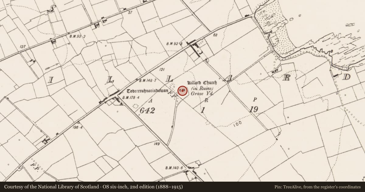 Ordnance Survey six-inch map, 2nd edition (1888–1915) covering the location of Church, Killard, County Clare, with a pin at the register's coordinates