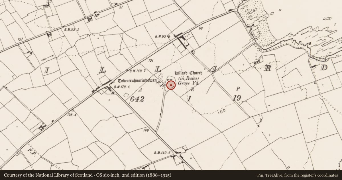 Ordnance Survey six-inch map, 2nd edition (1888–1915) covering the location of Graveyard, Killard, County Clare, with a pin at the register's coordinates