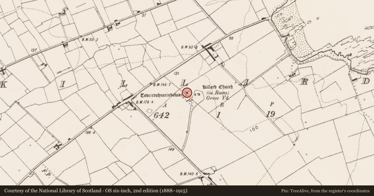 Ordnance Survey six-inch map, 2nd edition (1888–1915) covering the location of Ritual site - holy well, Killard, County Clare, with a pin at the register's coordinates