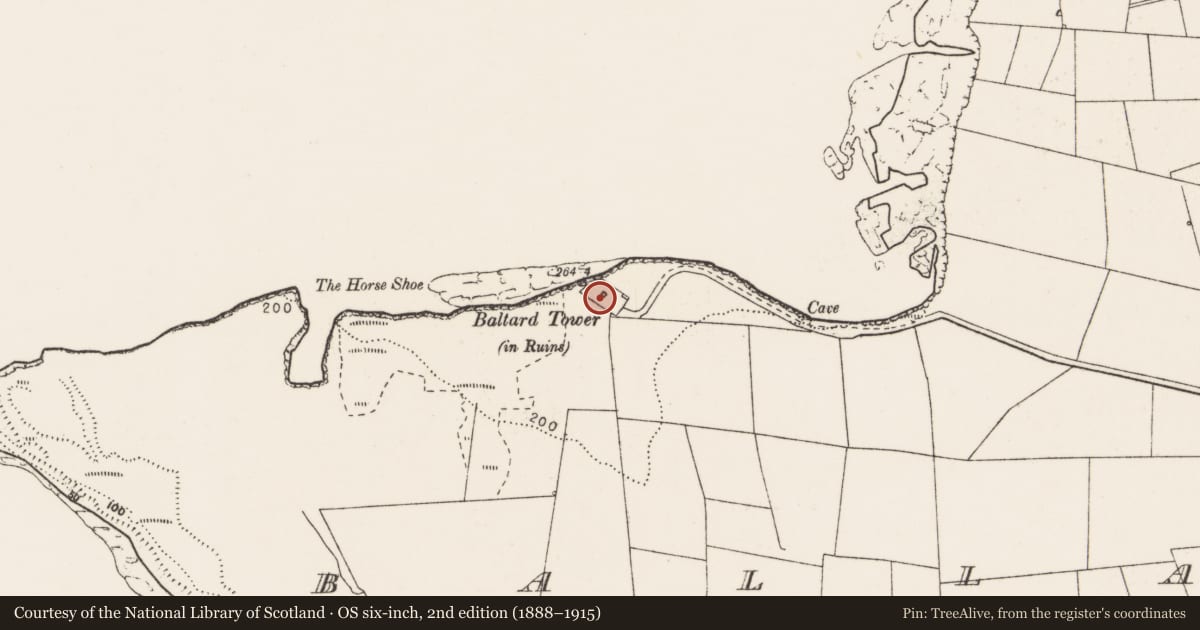 Ordnance Survey six-inch map, 2nd edition (1888–1915) covering the location of Signal tower, Ballard, County Clare, with a pin at the register's coordinates