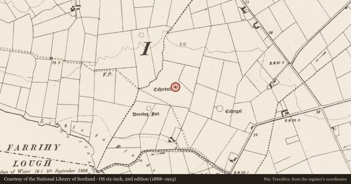 Ordnance Survey six-inch map, 2nd edition (1888–1915) covering the location of Ringfort - rath, Glascloon, County Clare, with a pin at the register's coordinates
